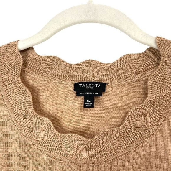 Talbots 100% merino wool scallop neck line sweater Size SP Petite camel tan neut - Picture 3 of 7